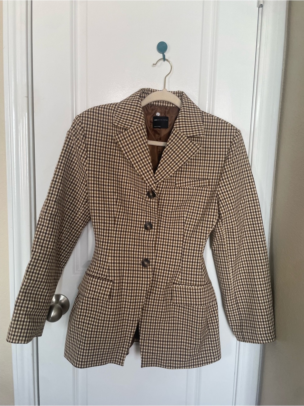 ASOS cinched waist Tailored  Houndstooth Blazer Jacket - Beige/Brown - Picture 5 of 8